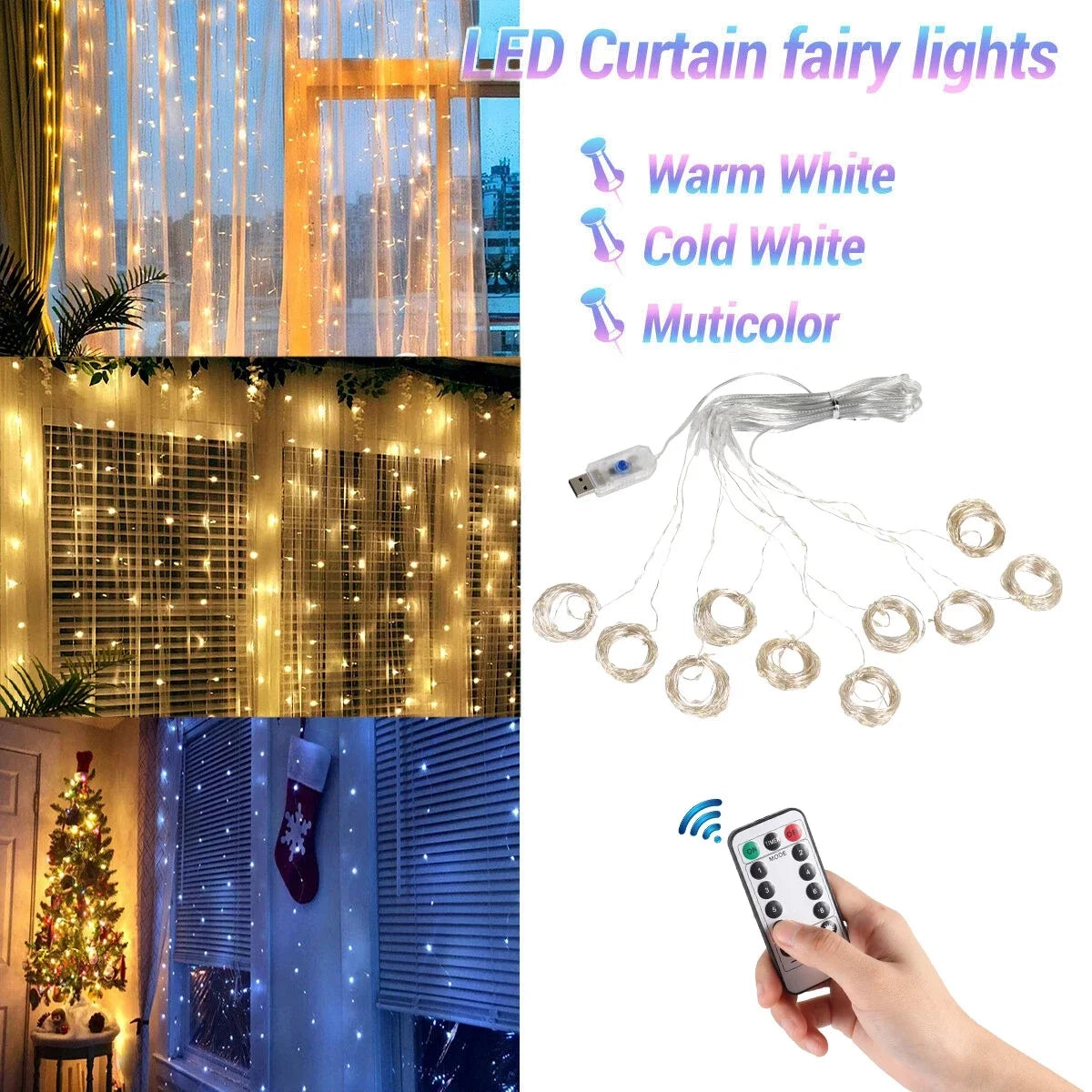 Multicolour Christmas Fairy Lights | Remote-Controlled Curtain Lights | Window Light Accessory